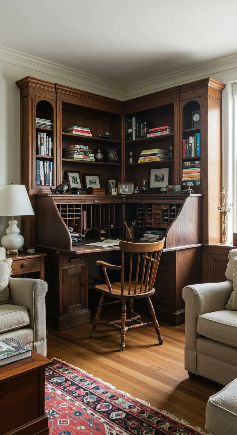 Hoek van de woonkamer met een groot, donkerhouten secretairebureau vol boeken en vakjes.