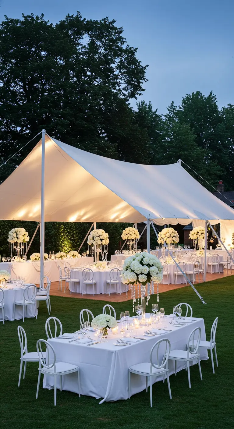 Elegante bruiloftsreceptie in een witte tent met volledig witte decoratie en hoge bloemstukken.