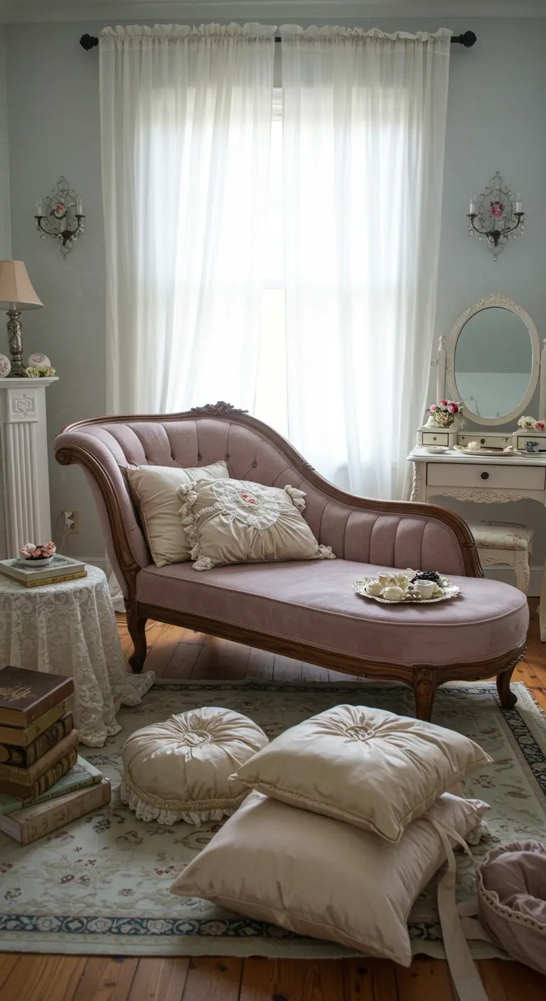 Romantische woonkamer met een roze fluwelen chaise longue en zachte kussens.