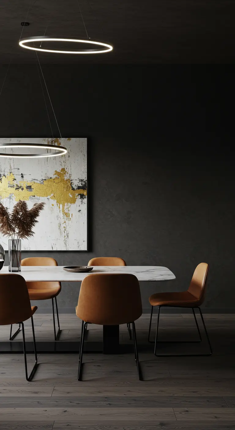 Moderne, donkere eetkamer met zwarte muren, cognac-kleurige stoelen en een abstract schilderij met goud.