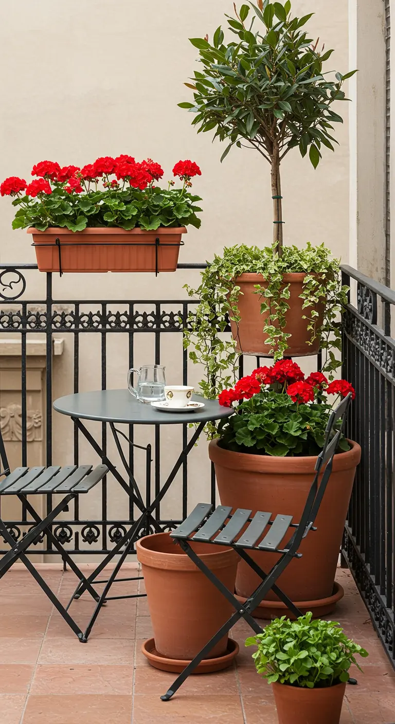 Parijse balkonstijl met een metalen bistrotafel, rode geraniums en een laurierboom.