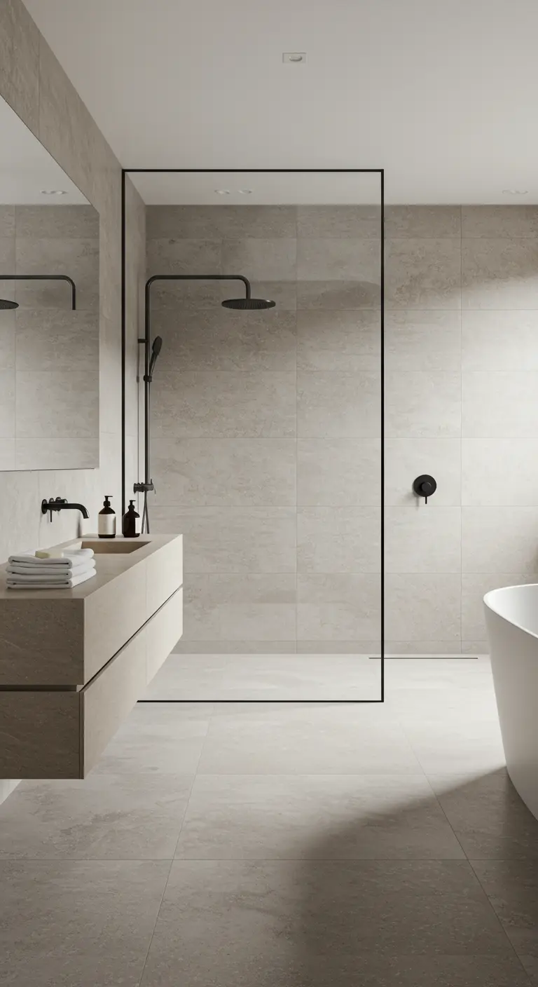 Moderne, minimalistische badkamer in grijze zandtinten met een zwarte douchewand.