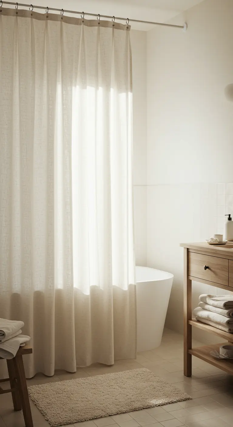 Lichte badkamer met een lang, crèmekleurig linnen douchegordijn dat het licht zacht filtert.