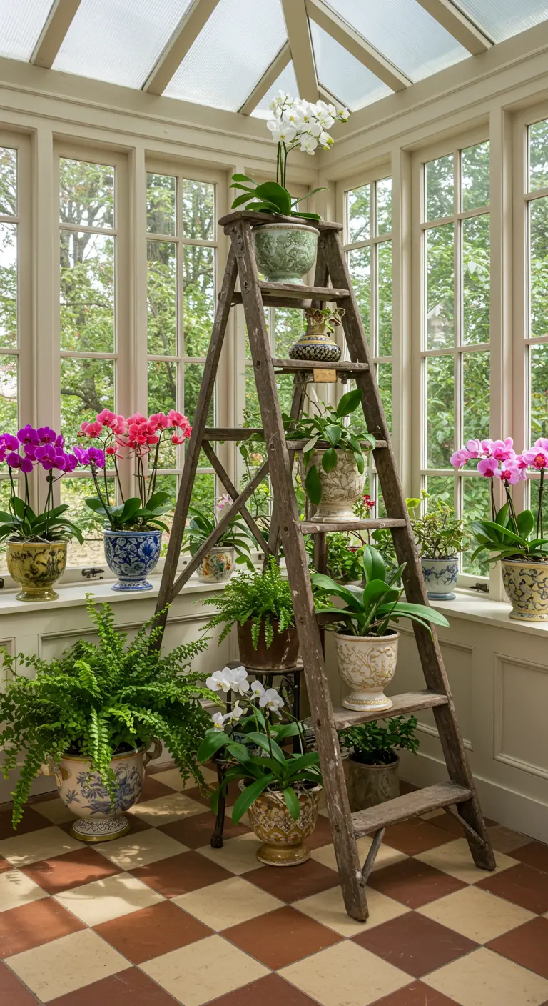 Houten A-frame ladder in een serre met een collectie kleurrijke orchideeën in decoratieve potten.