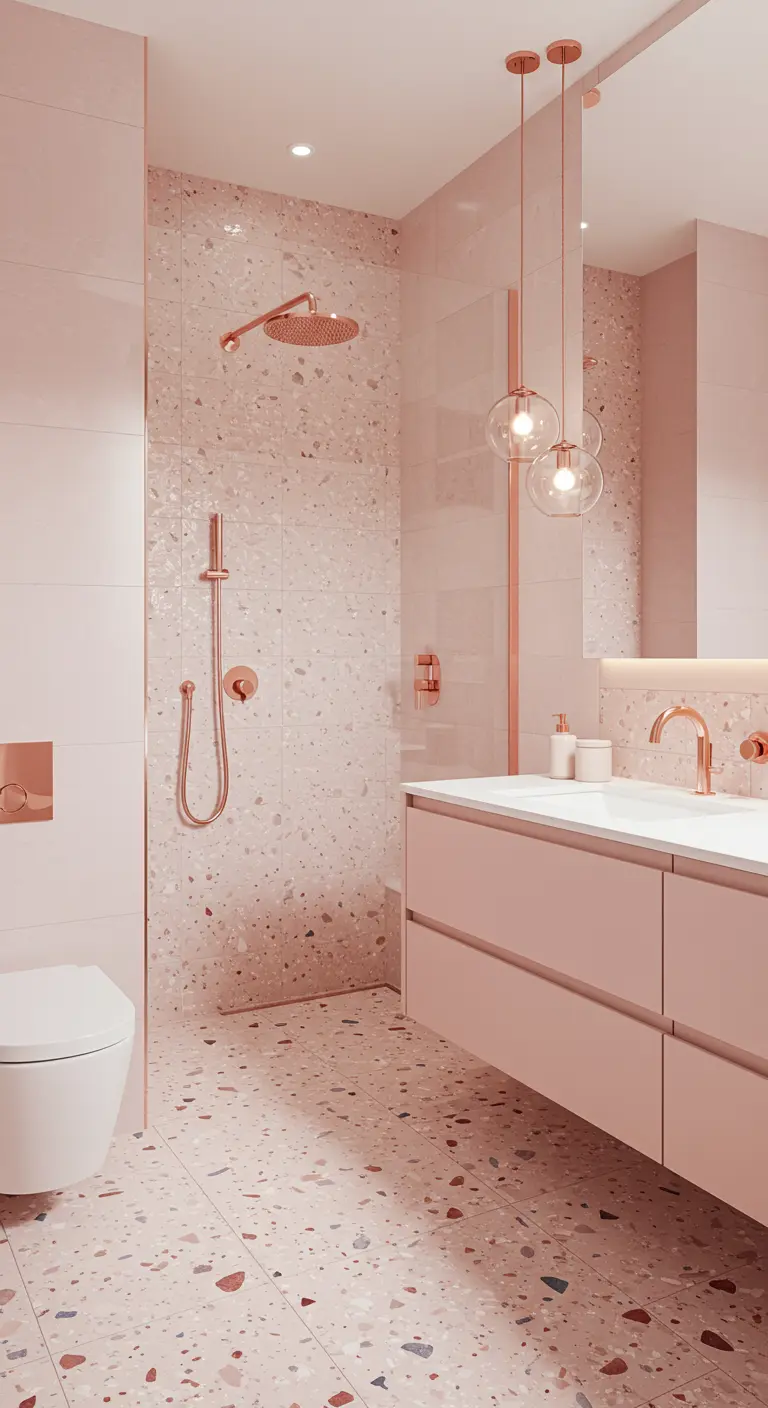 Badkamer volledig in roze tinten met terrazzo vloer- en wandtegels en roségouden kranen.