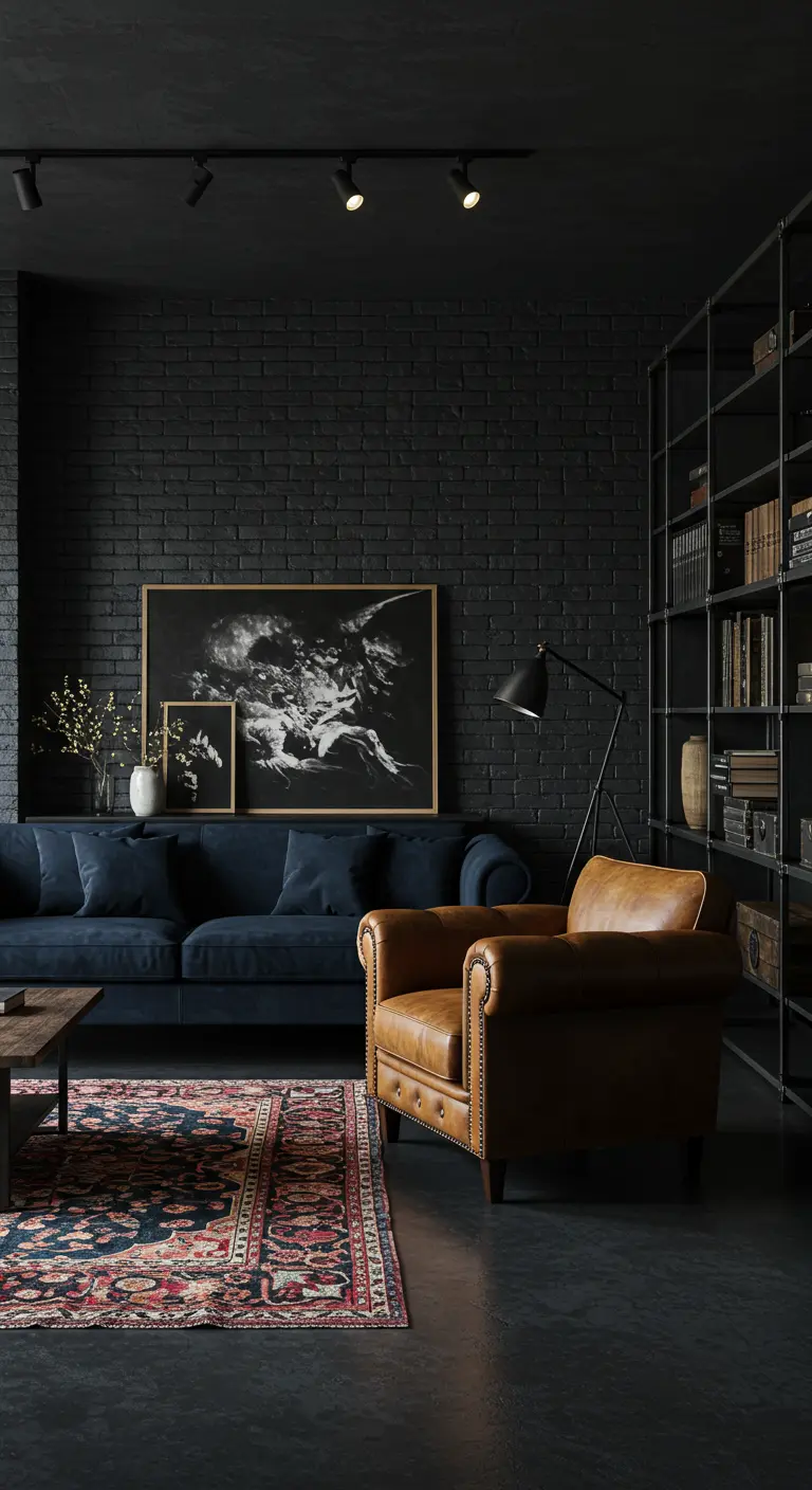 Donkere woonkamer met zwarte bakstenen muur, blauwe bank en leren fauteuil.