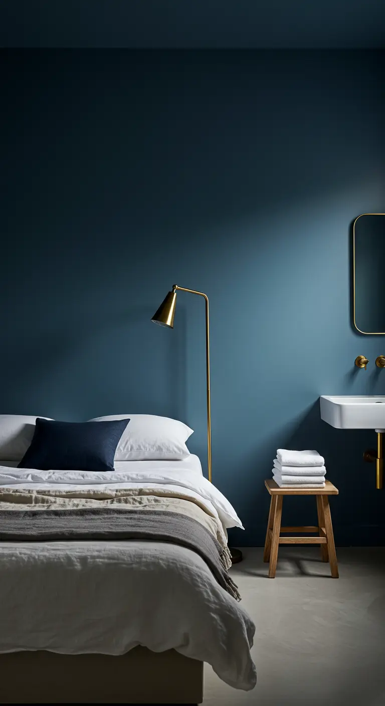 Nachtblauwe slaapkamer die overloopt in een badkamer, met een messing lamp en kraan.