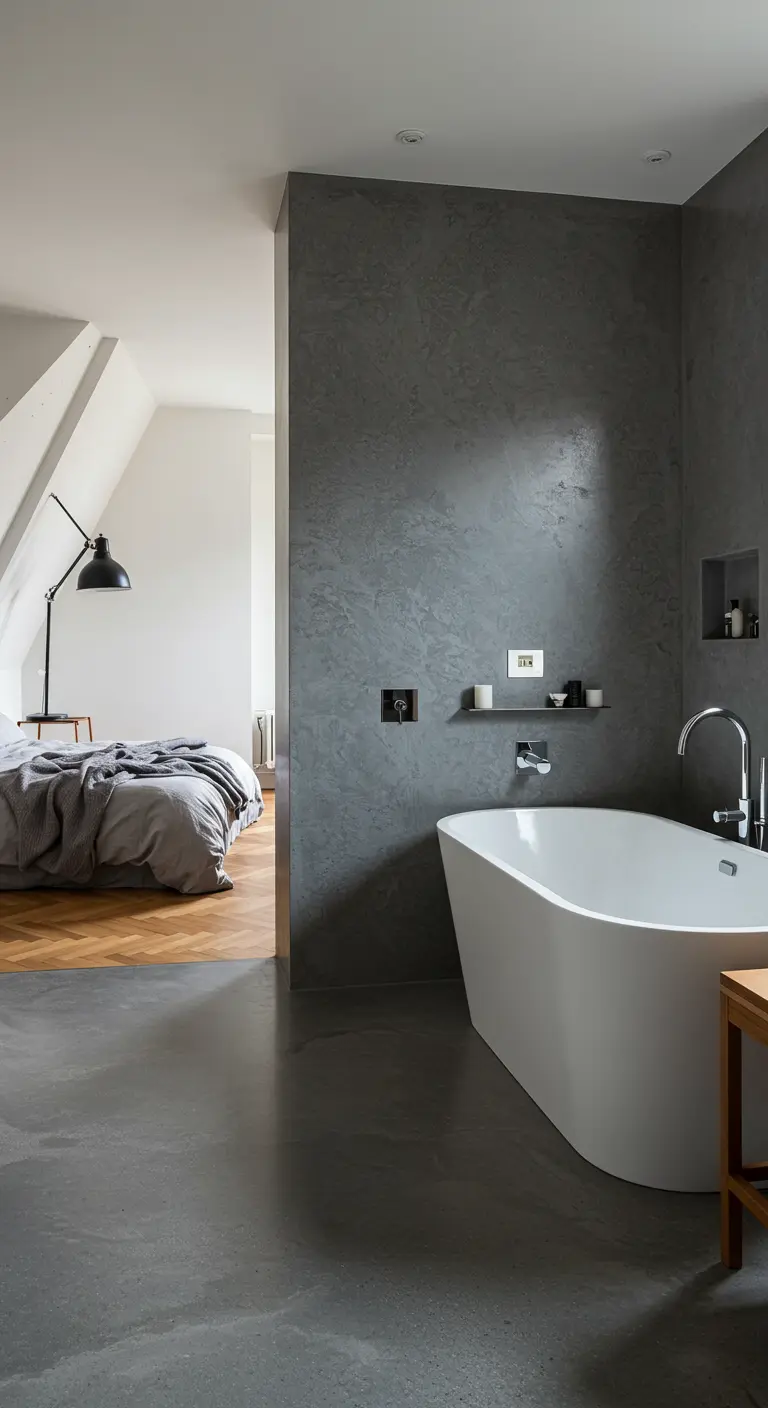 Open badkamer met donkergrijs betonciré die overloopt in een slaapkamer.