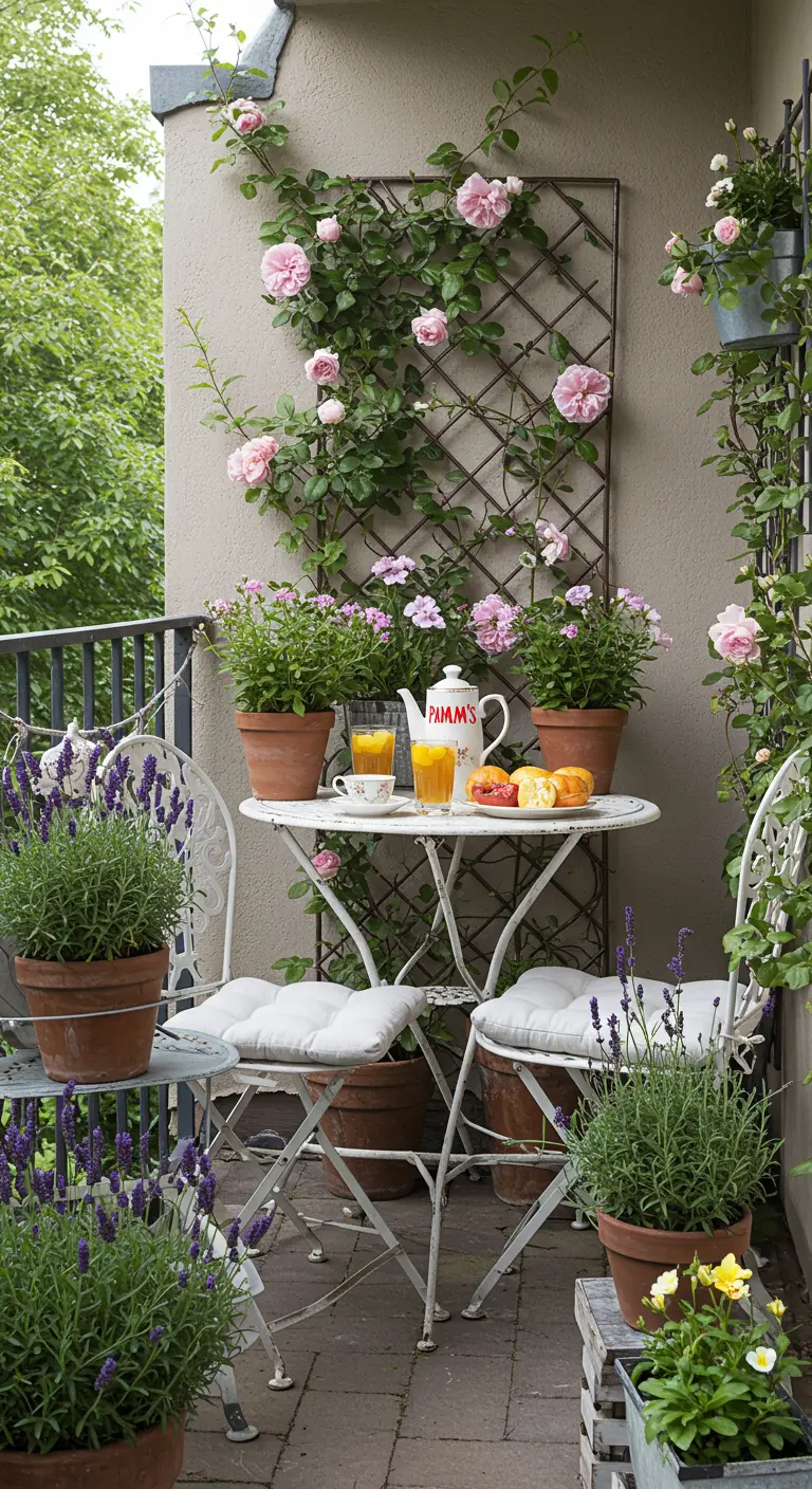 Witte smeedijzeren bistrotafel op een balkon vol met roze rozen en potten lavendel.