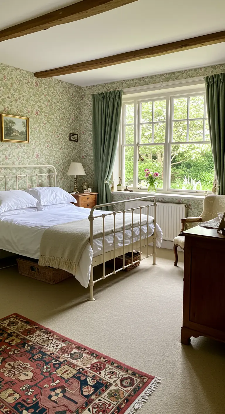 Cottage slaapkamer met saliegroene gordijnen, bloemenbehang en wit metalen bed.