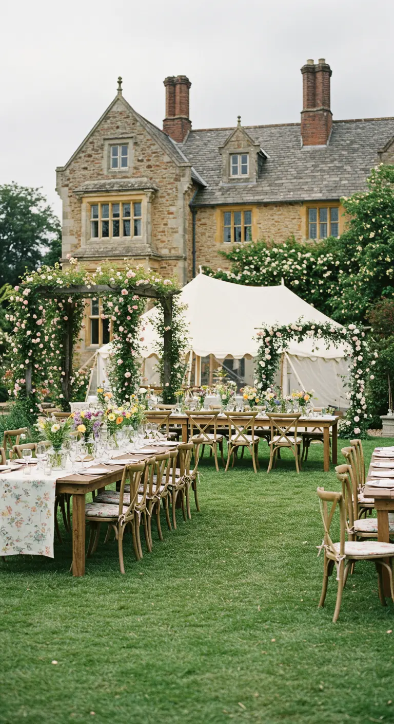 Tuinbruiloft bij een landhuis met lange houten tafels en een pergola begroeid met rozen.