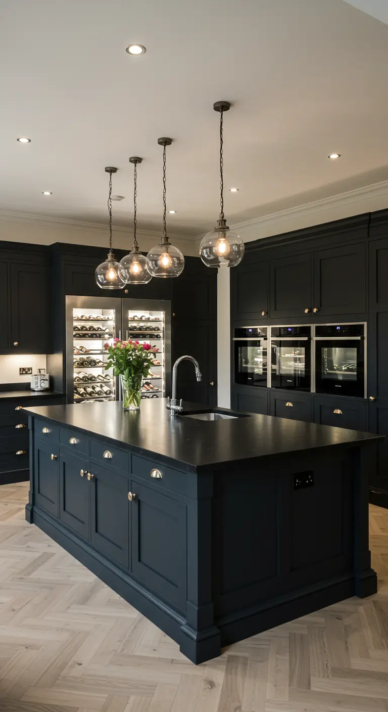 Ruime, luxe zwarte keuken met een groot eiland, wijnklimaatkast en glazen bolhanglampen.