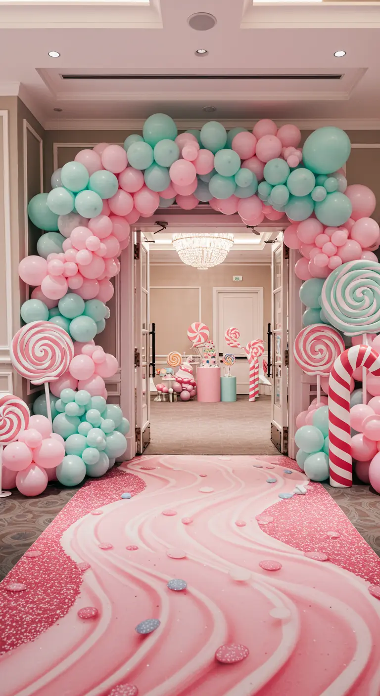 Entree met roze en mintgroene ballonboog, lolly's en een roze loper.