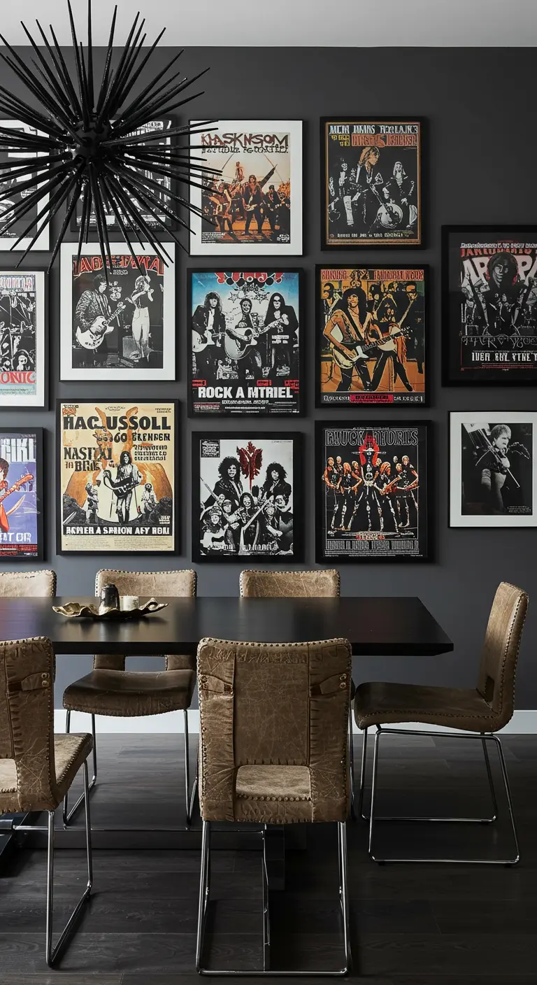 Stoere eetkamer met een donkere muur vol met vintage rock-'n-roll posters.