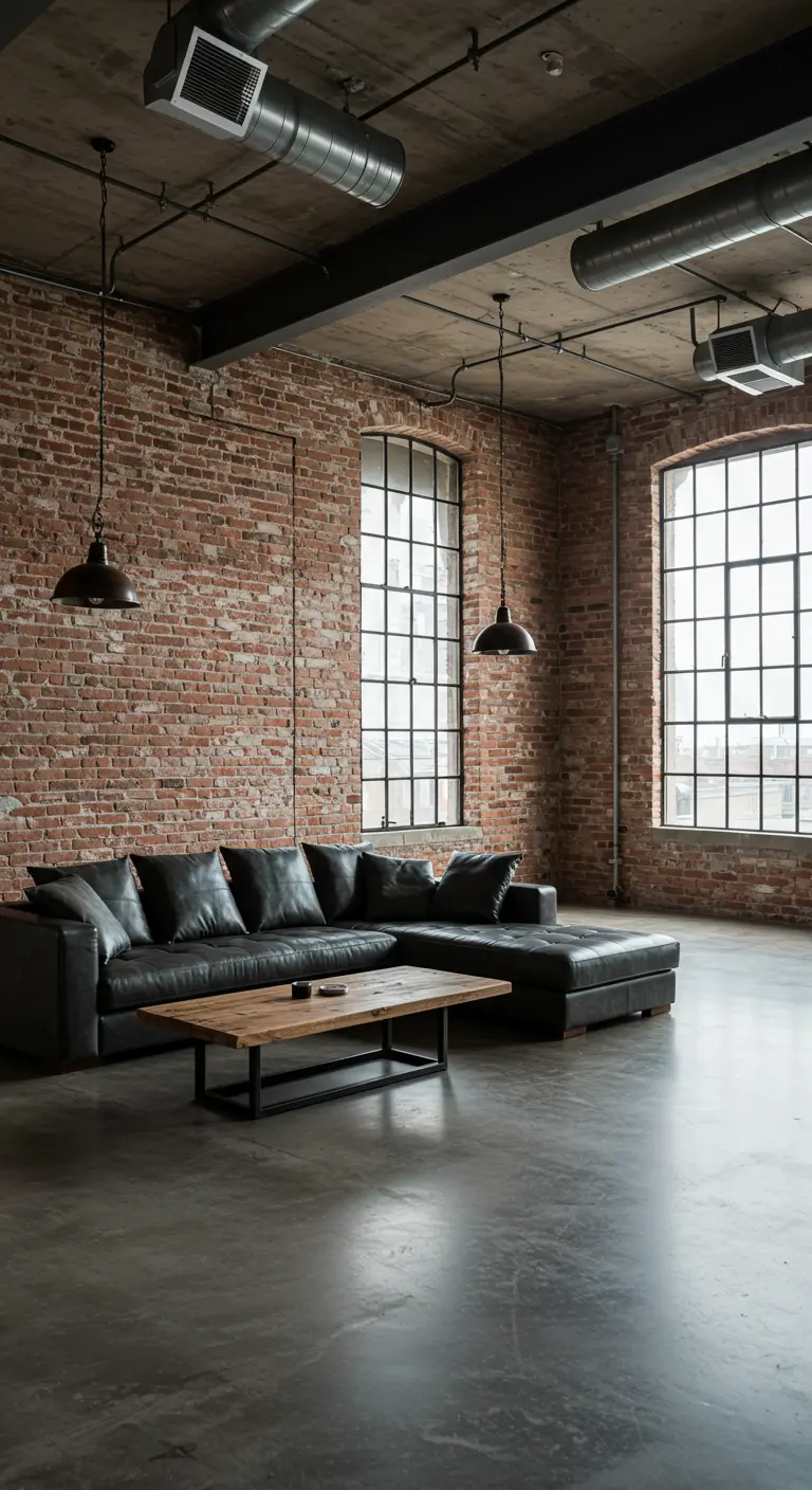 Industriële loft woonkamer met bakstenen muur en zwarte leren hoekbank.