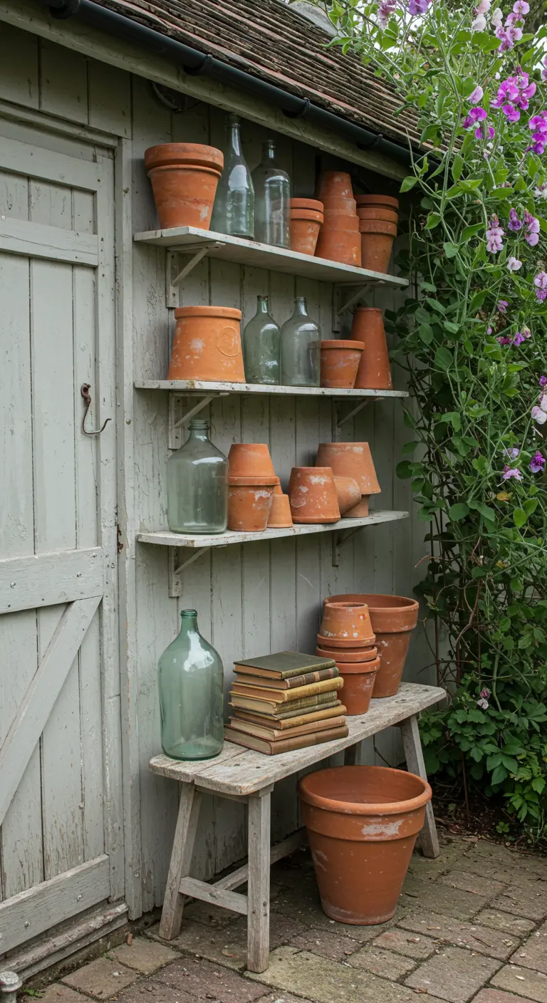 Planken tegen een schuur met een collectie terracotta potten, glas en oude boeken.