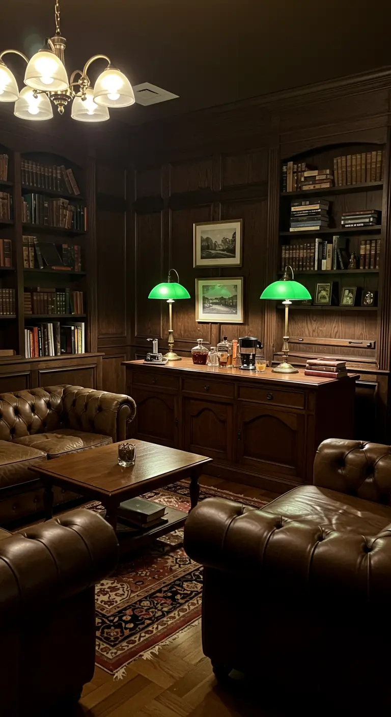 Klassieke bibliotheekkamer met donkerhouten kasten, leren chesterfield-banken en groene lampen.
