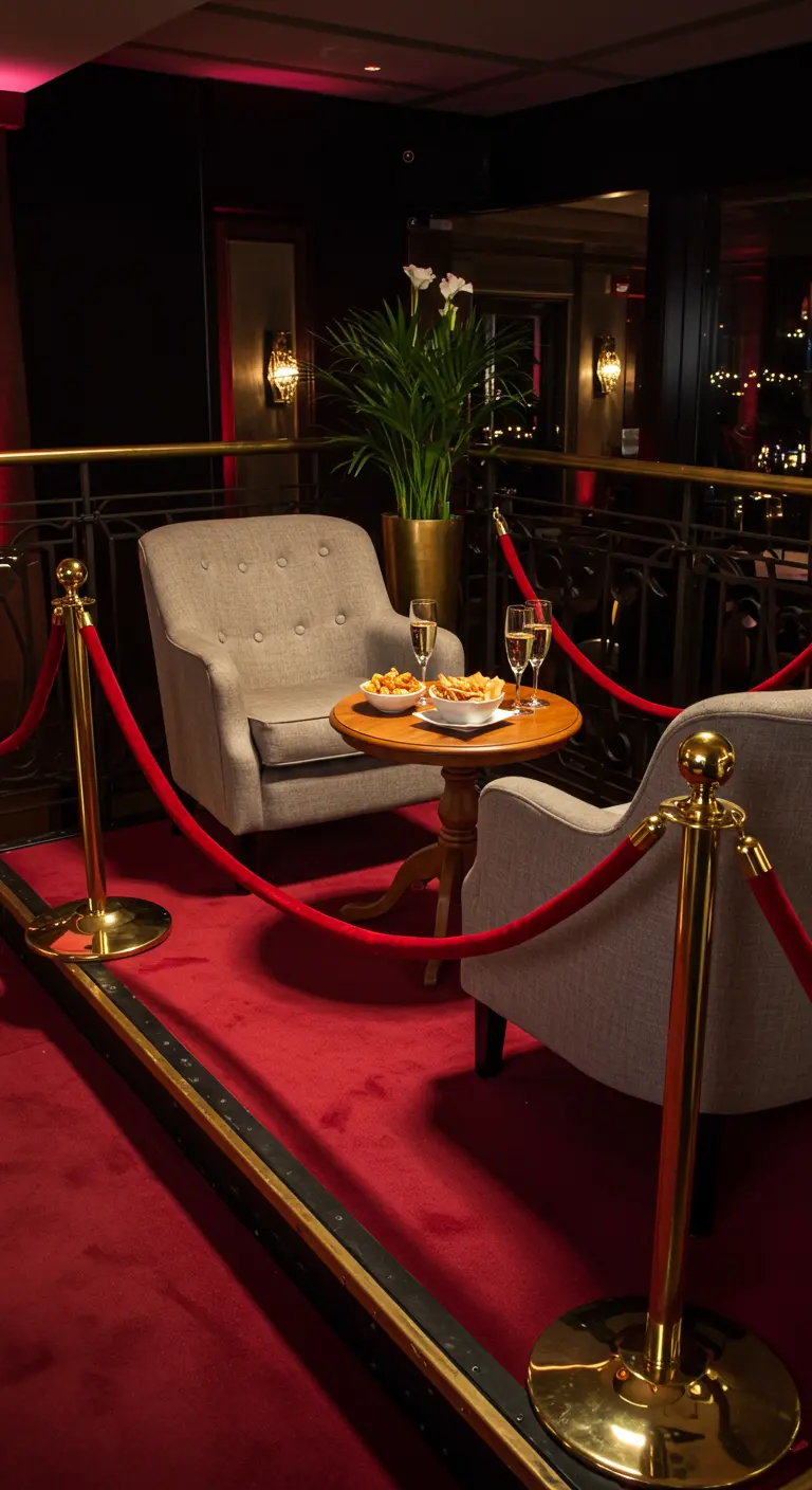 VIP-lounge met twee stoelen, afgeschermd door een rood koord.