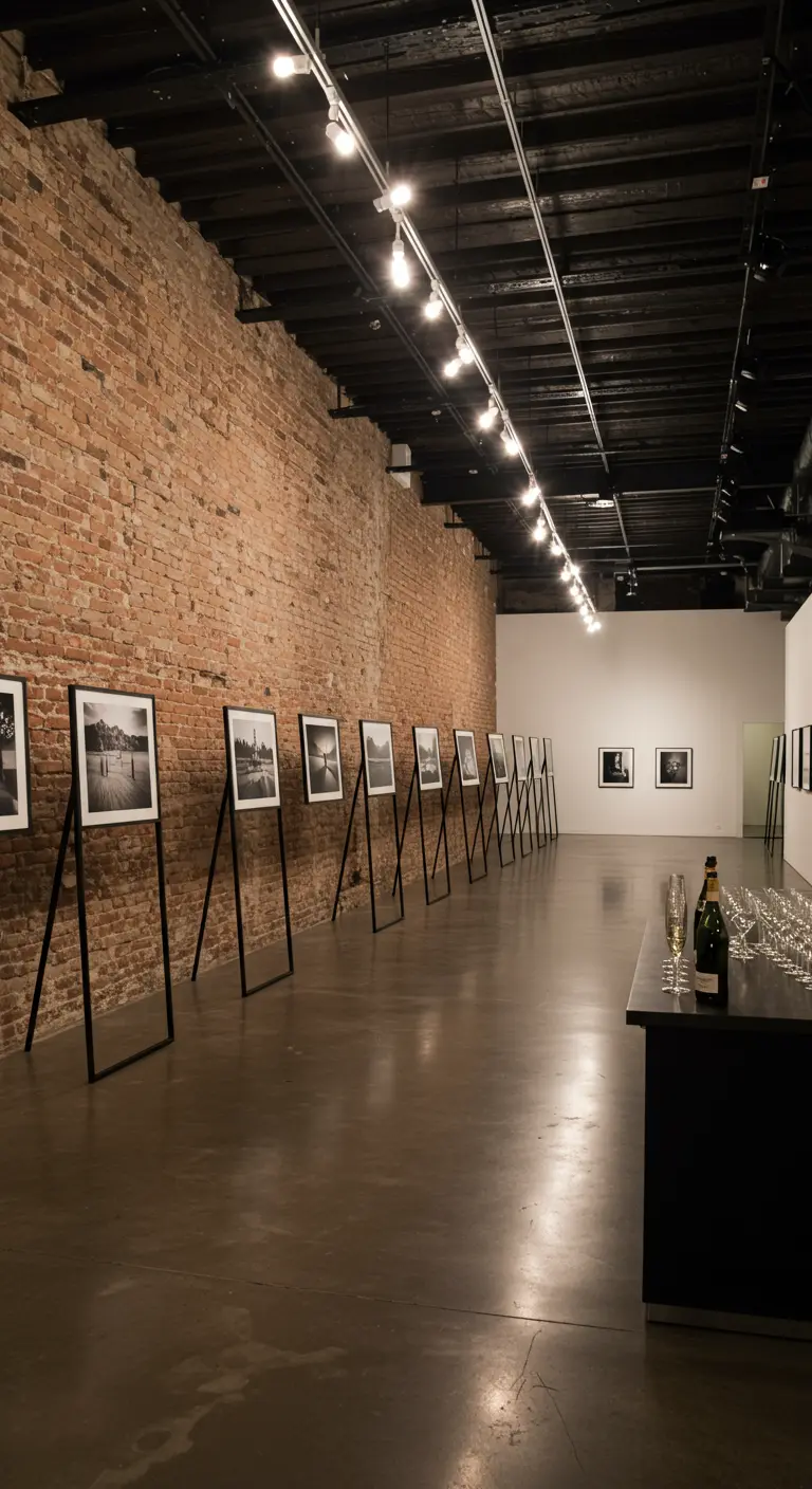 Lange galerijruimte met foto's op zwarte ezels langs een bakstenen muur.