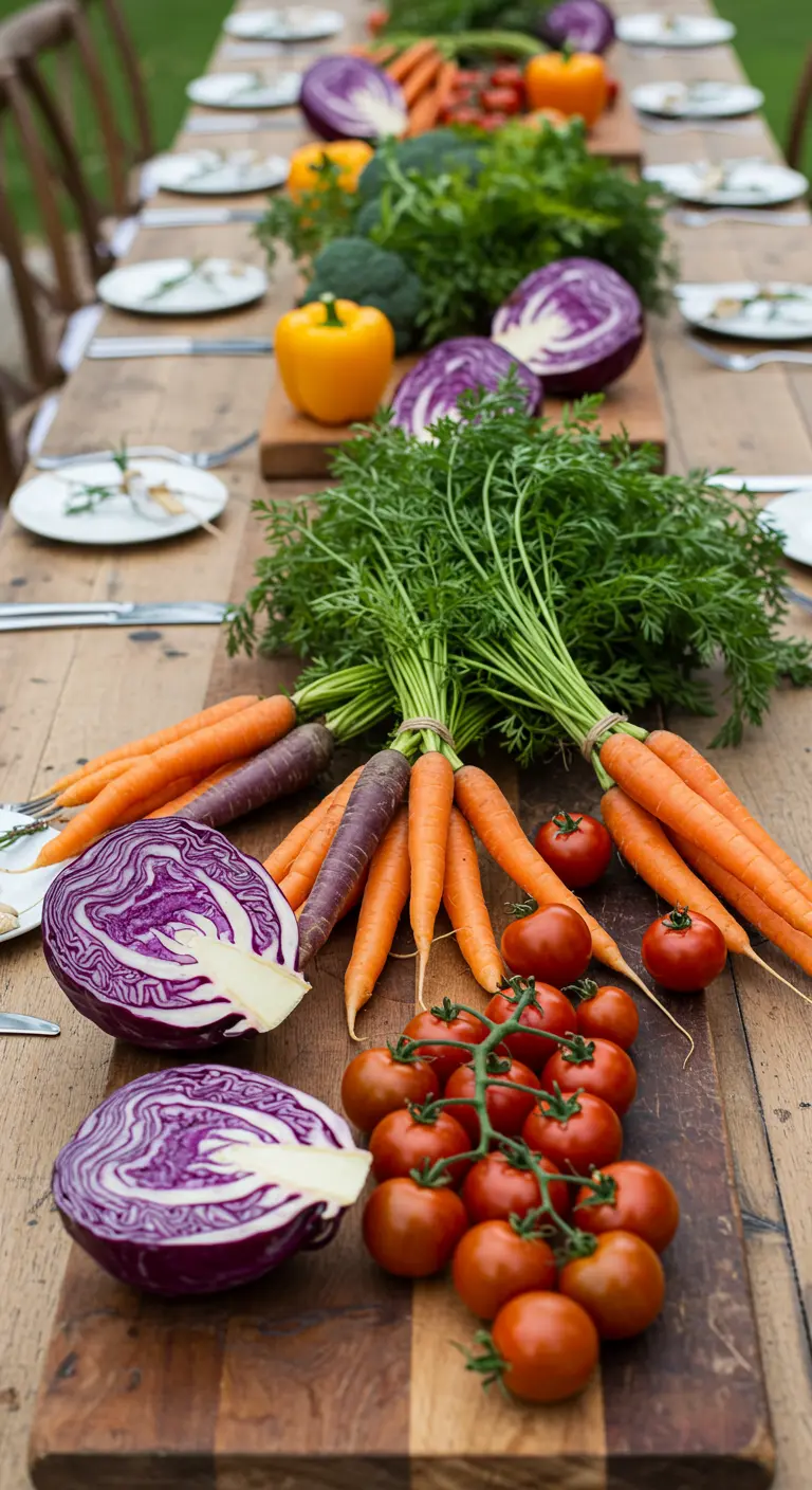 Een lange tafel versierd met verse groenten zoals wortels, rodekool en tomaten.