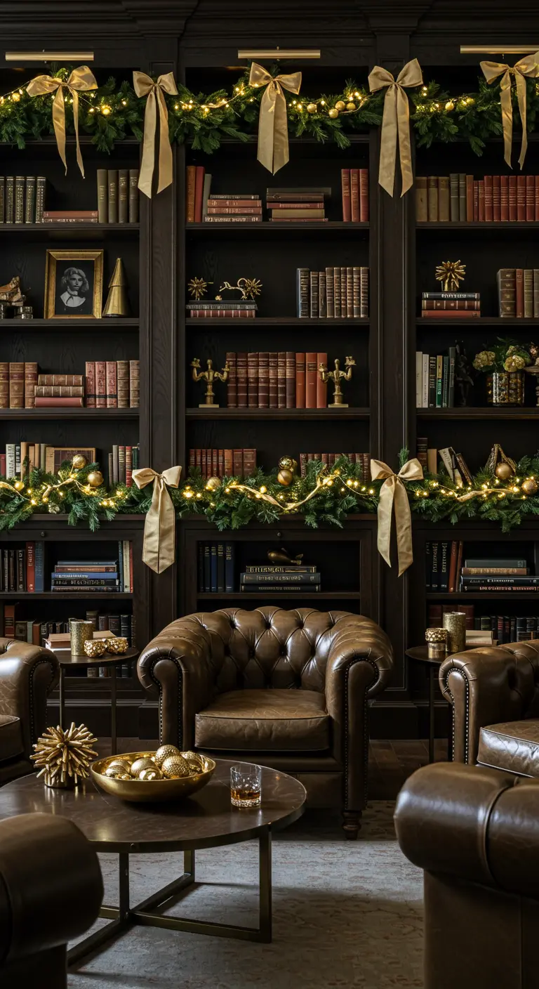 Klassieke bibliotheek met donkerhouten boekenkasten versierd met guirlandes, lichtjes en strikken.