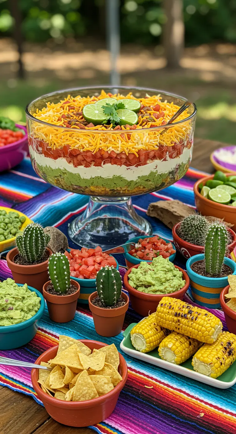 Gelaagde Mexicaanse salade in een glazen schaal, omringd door nacho's en cactussen.
