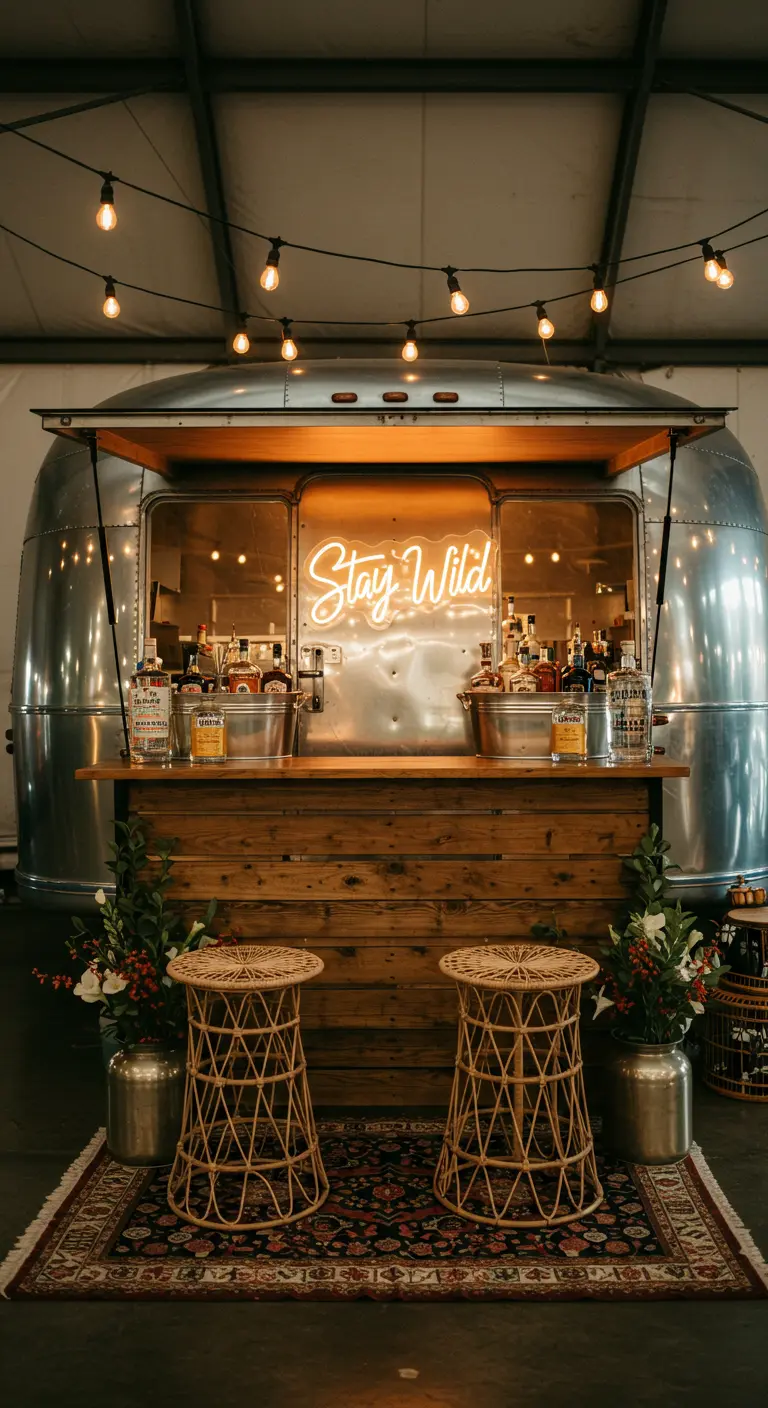 Vintage Airstream trailer omgebouwd tot een bar met rotan krukjes en een neonbord 'Stay Wild'.