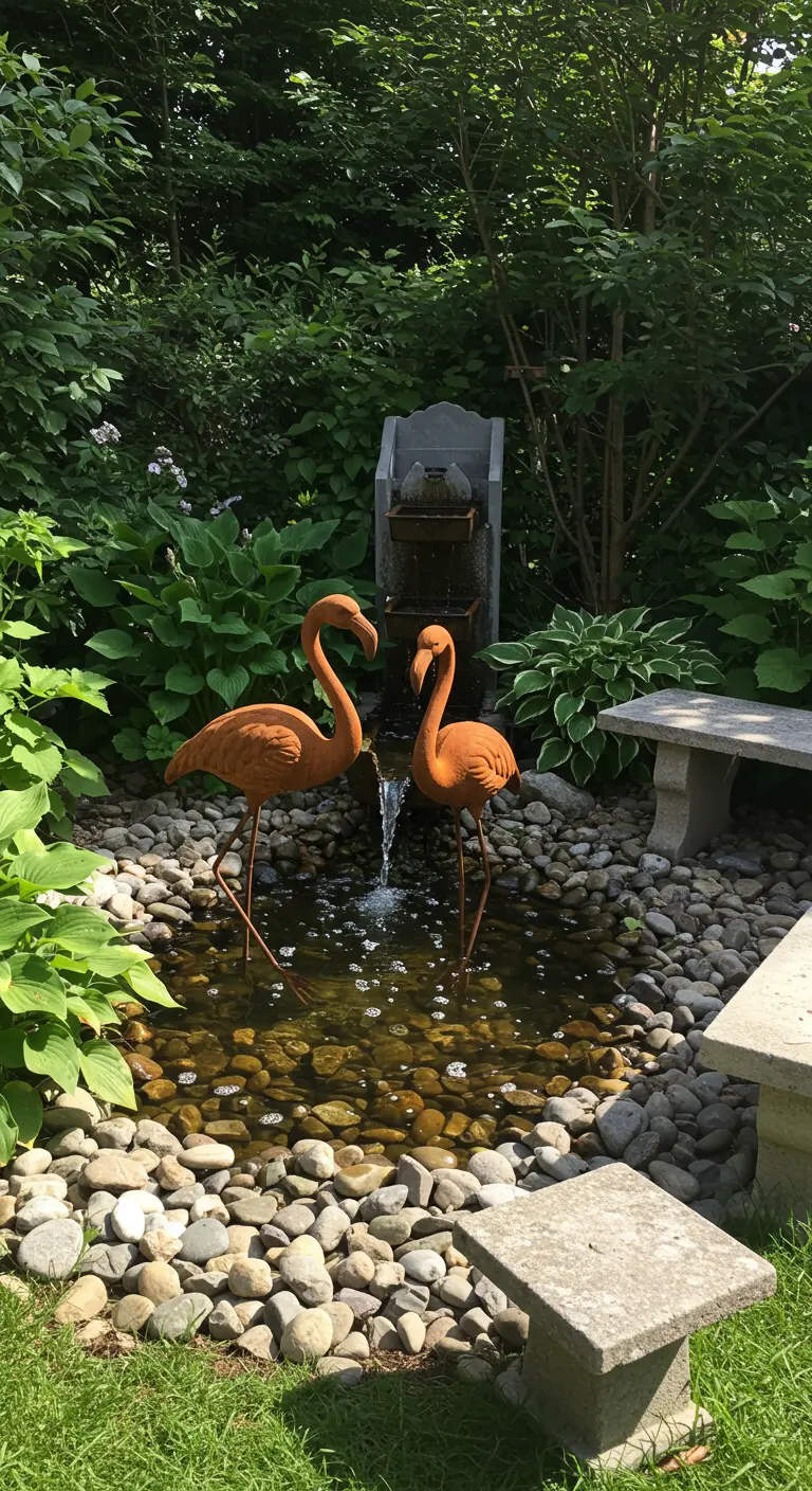 Kleine tuinvijver met twee roestkleurige flamingo's die als fontein fungeren.