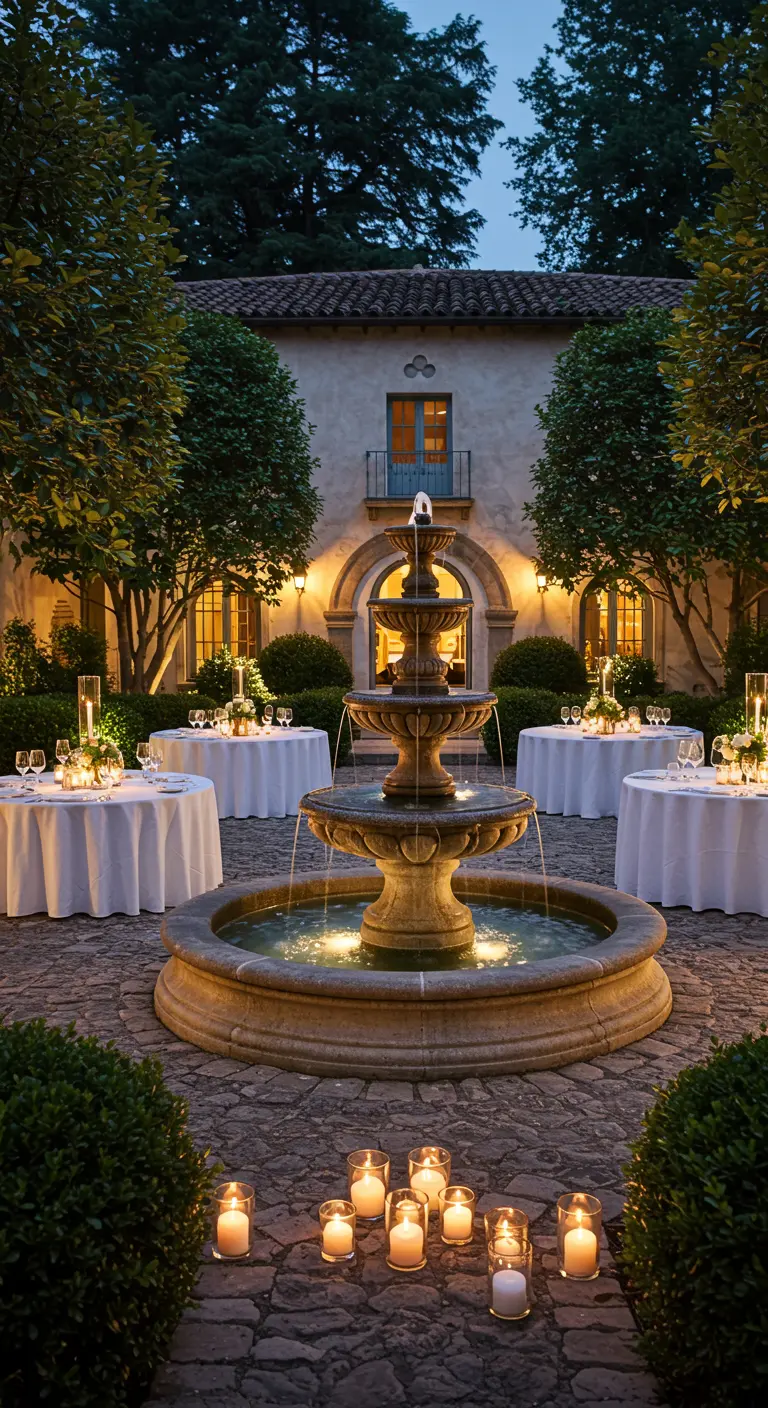 Binnenplaats met een klassieke fontein, omringd door ronde tafels en kaarsen.