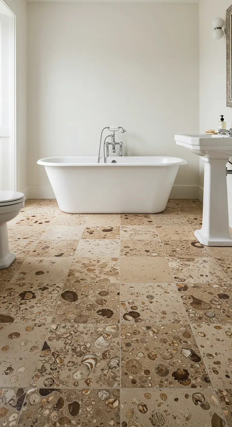 Badkamer met een beige kalksteenvloer vol met zichtbare fossielen.