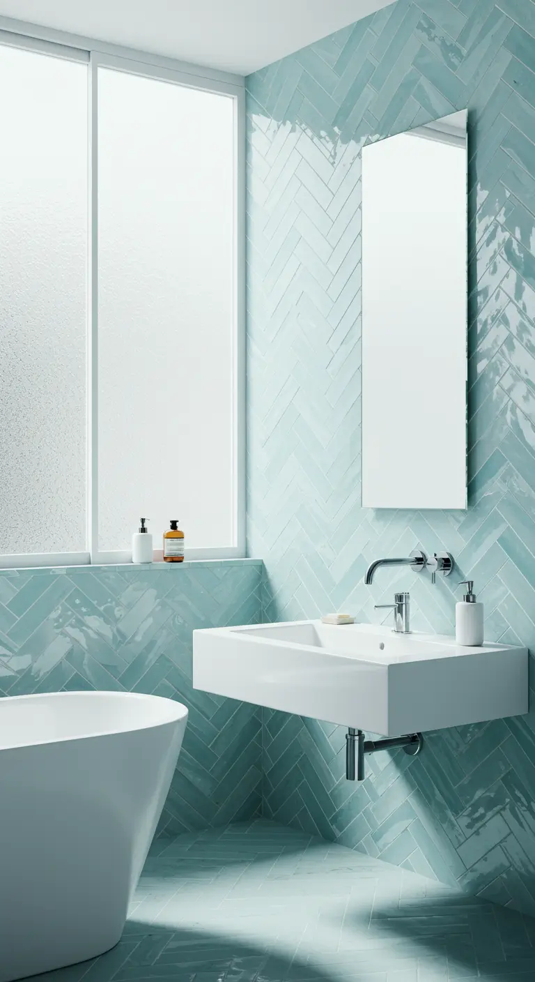 Lichtblauwe badkamer met glanzende visgraattegels en een groot raam.