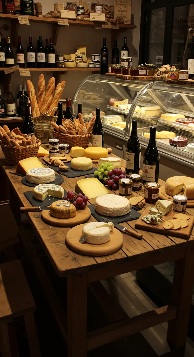 Houten tafel vol met verschillende Franse kazen, stokbrood, druiven en wijn.