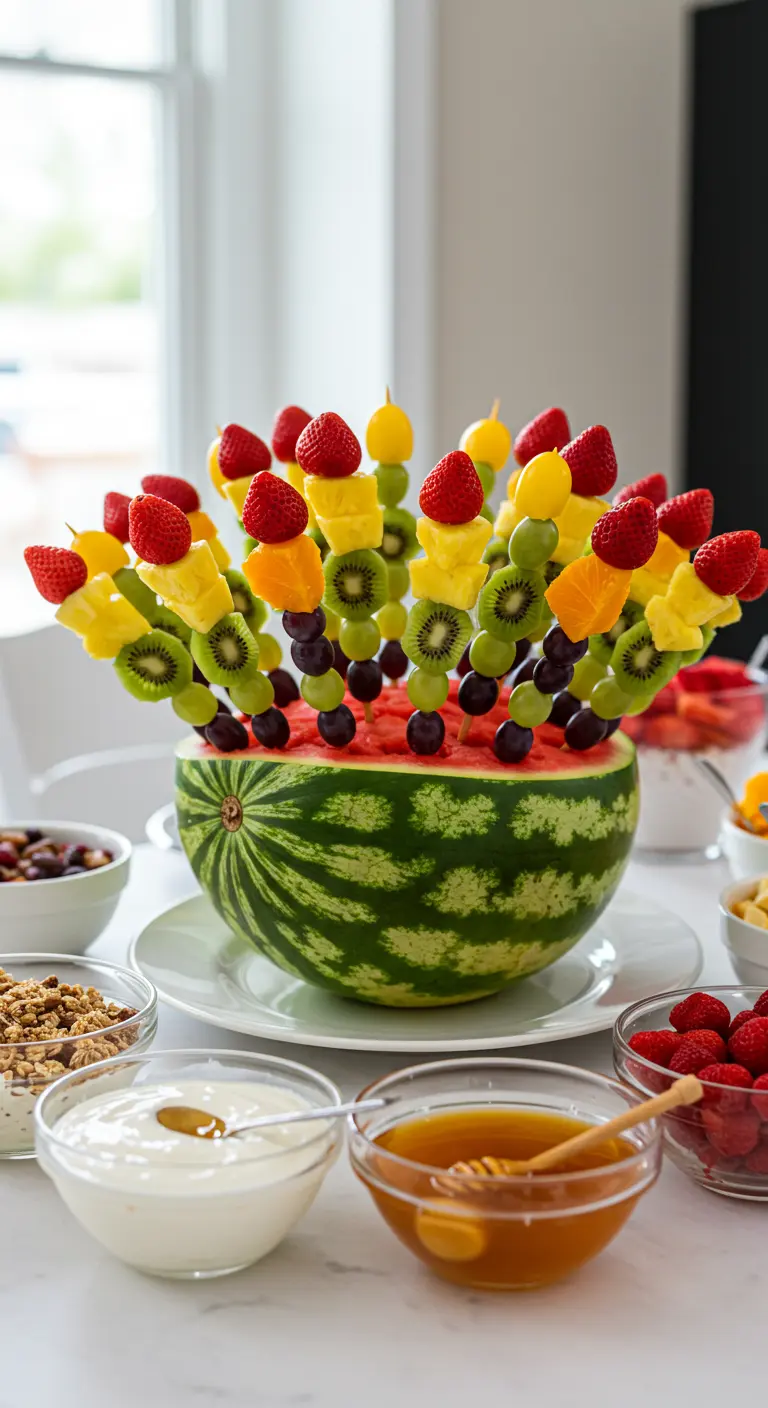 Uitgeholde watermeloen gevuld met kleurrijke fruitspiezen, omringd door schaaltjes met toppings.