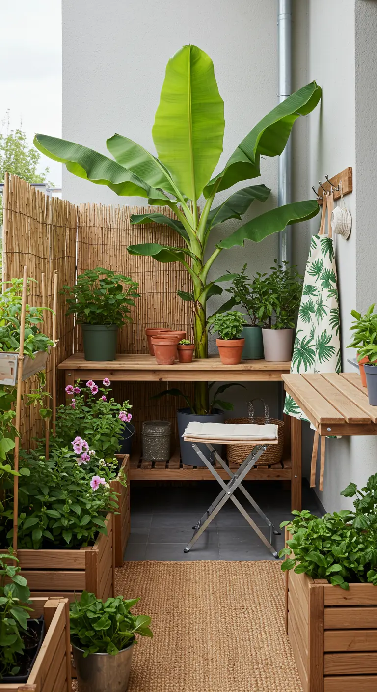 Praktisch ingericht balkon met een houten werktafel voor planten en houten plantenbakken.