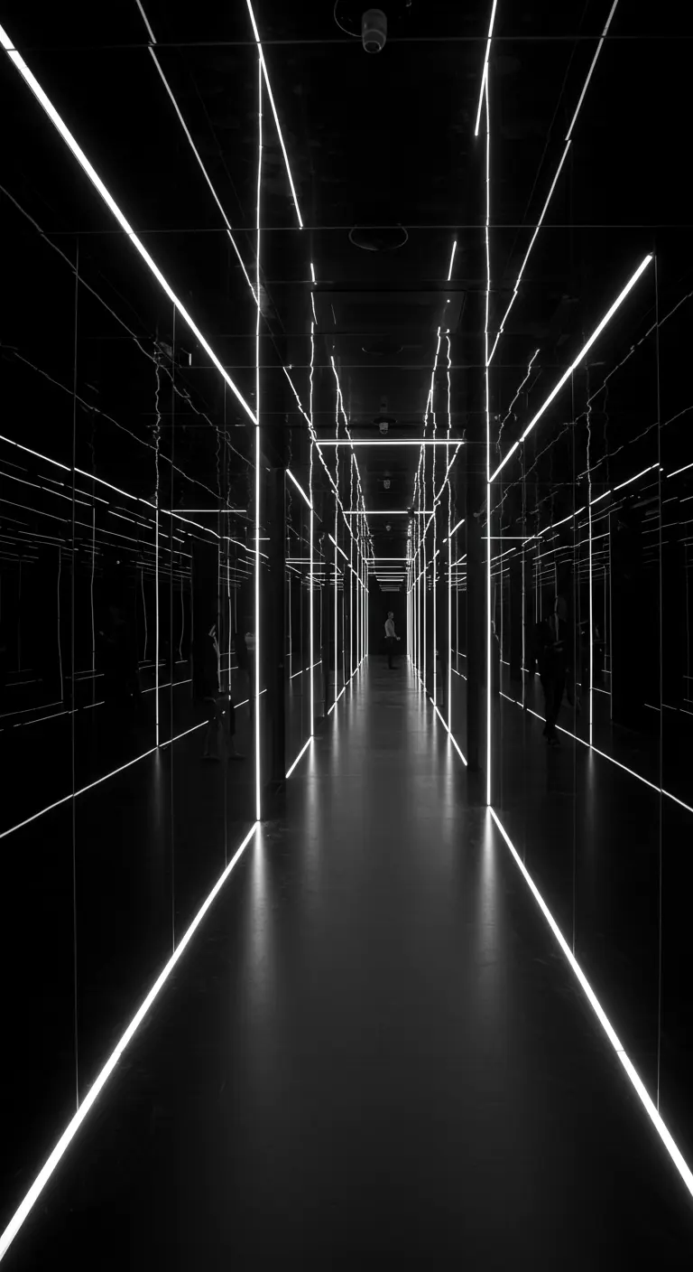 Donkere gang met spiegelwanden en witte LED-lijnen die een oneindig effect creëren.