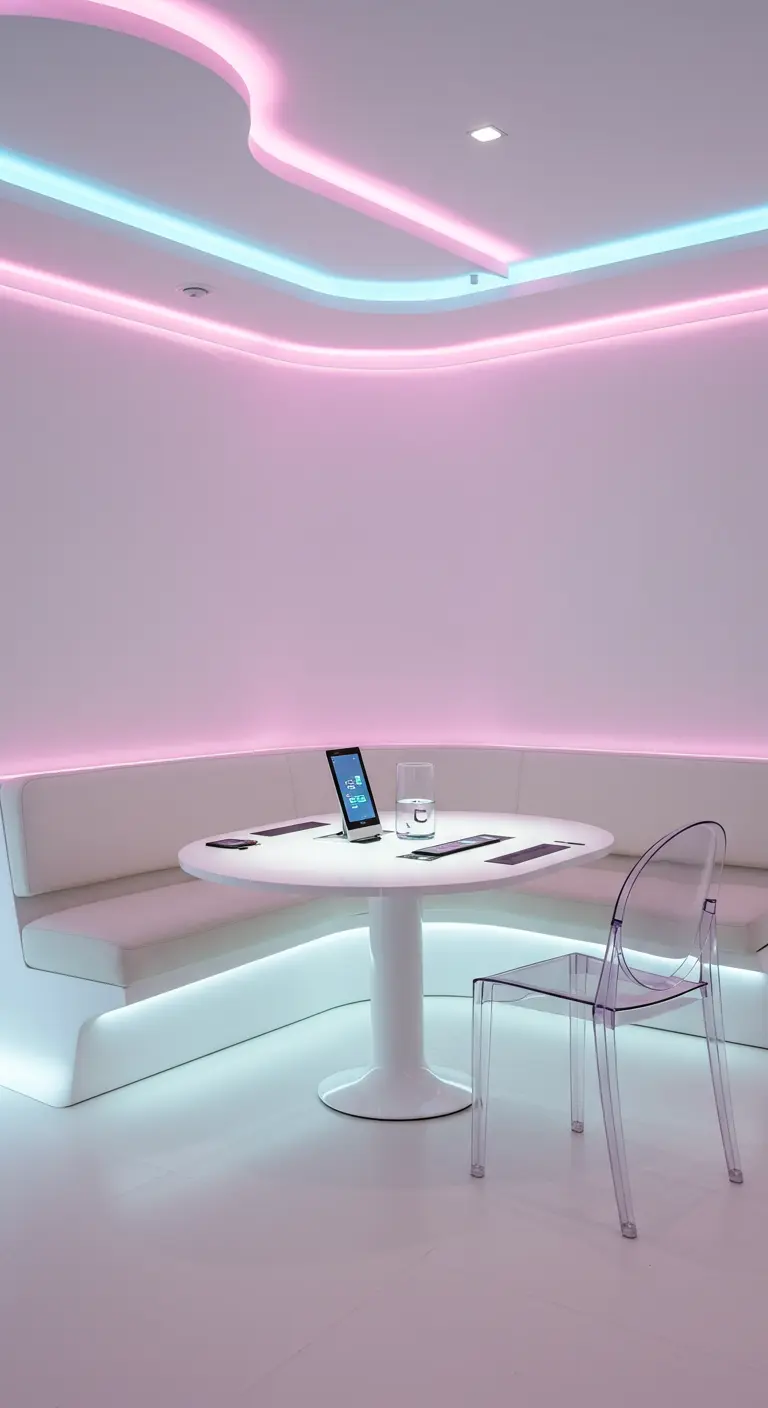 Futuristisch witte eethoek met een ronde bank verlicht door roze en blauwe neonlichten.