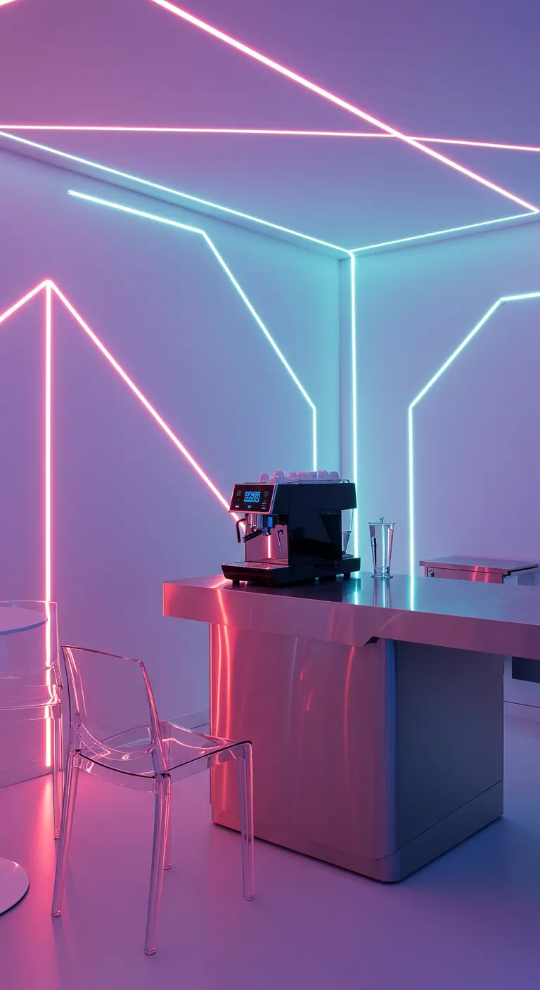 Minimalistische ruimte met roze en blauwe neonlijnen op de muren en een transparante stoel.