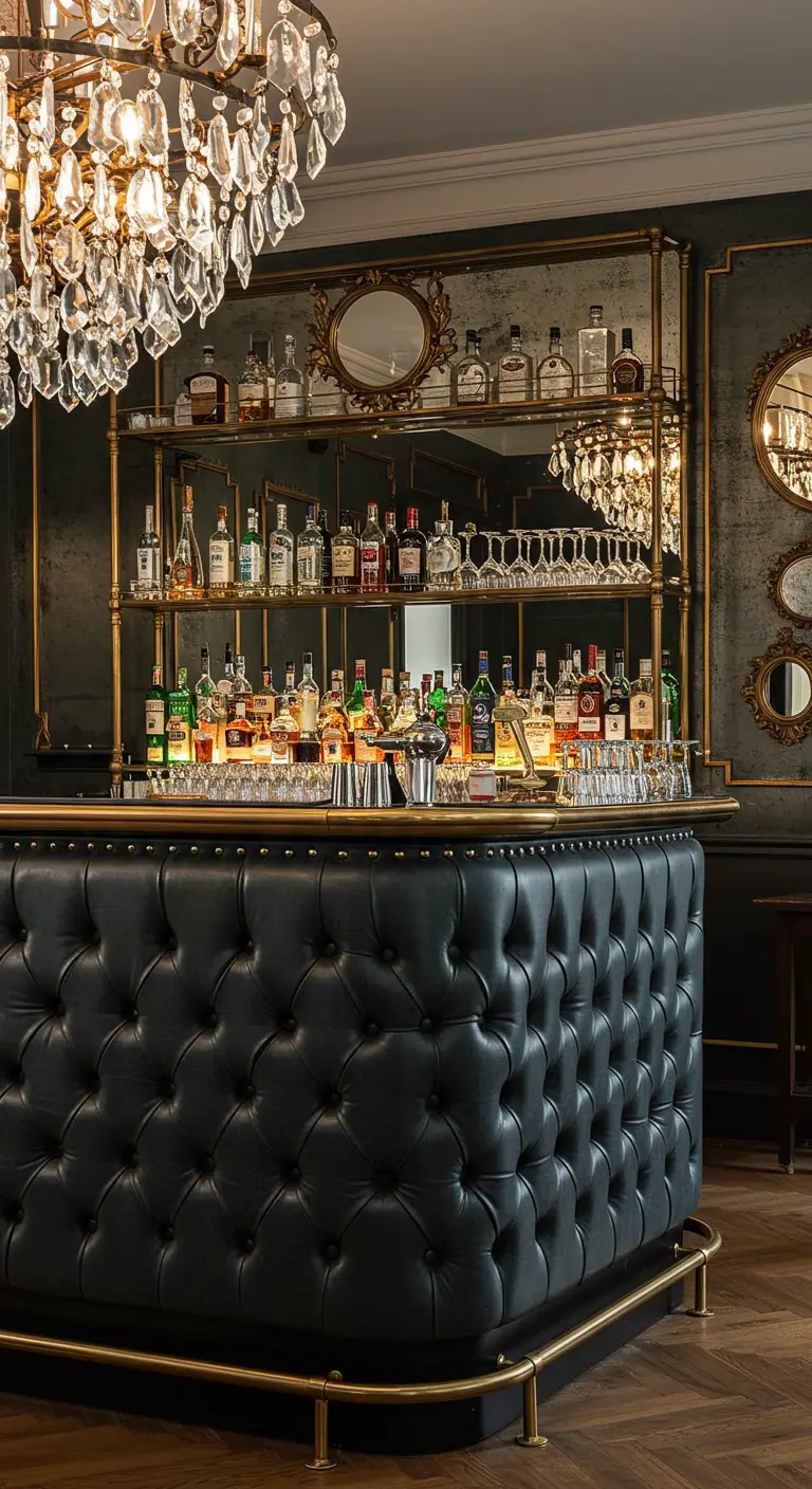 Luxe bar met een voorkant van zwart gecapitonneerd leer, gouden details en een grote spiegel.