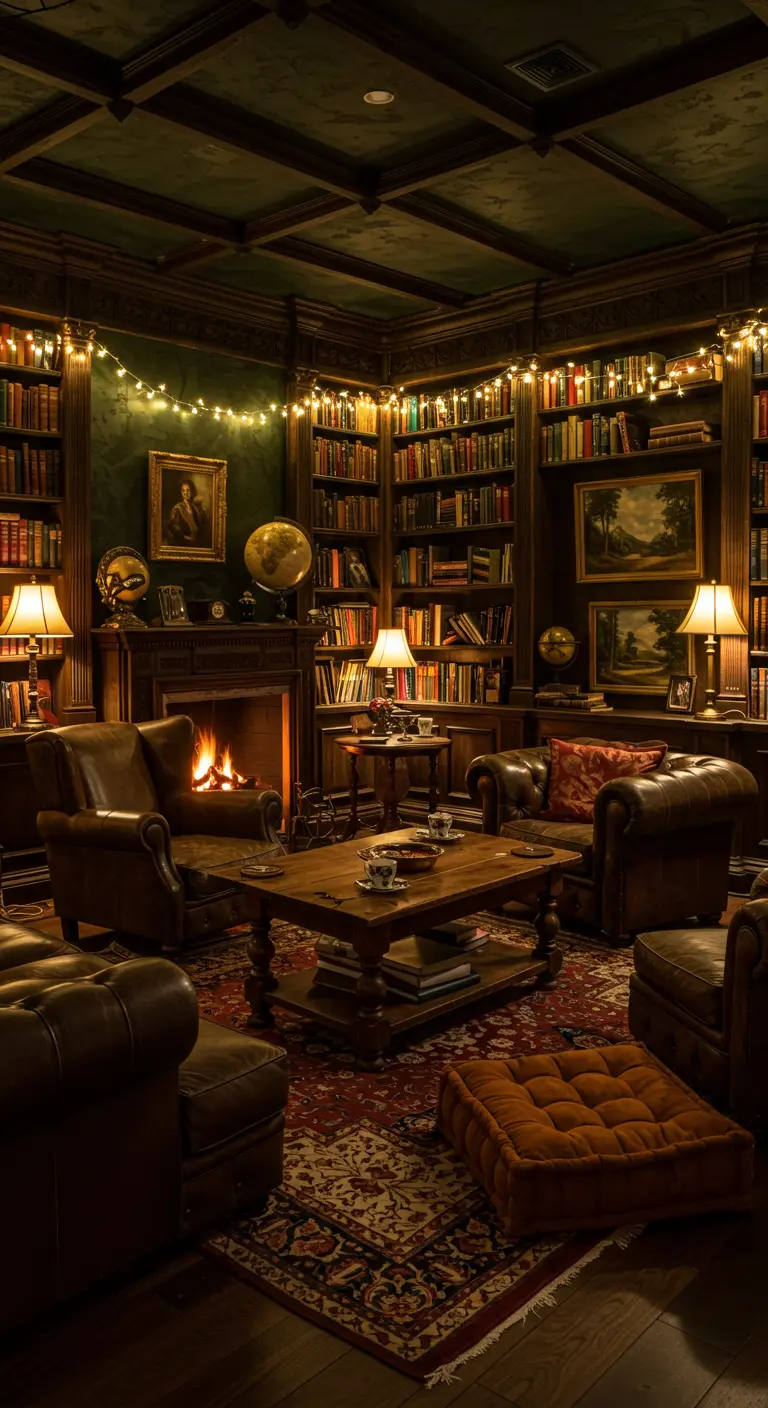 Gezellige bibliotheek filmkamer met leren fauteuils, volle boekenkasten en een open haard.
