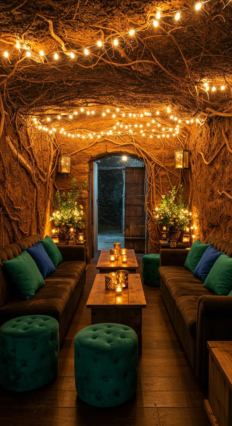 Knusse lounge in een grotachtige ruimte met boomwortels en lichtjes aan het plafond.