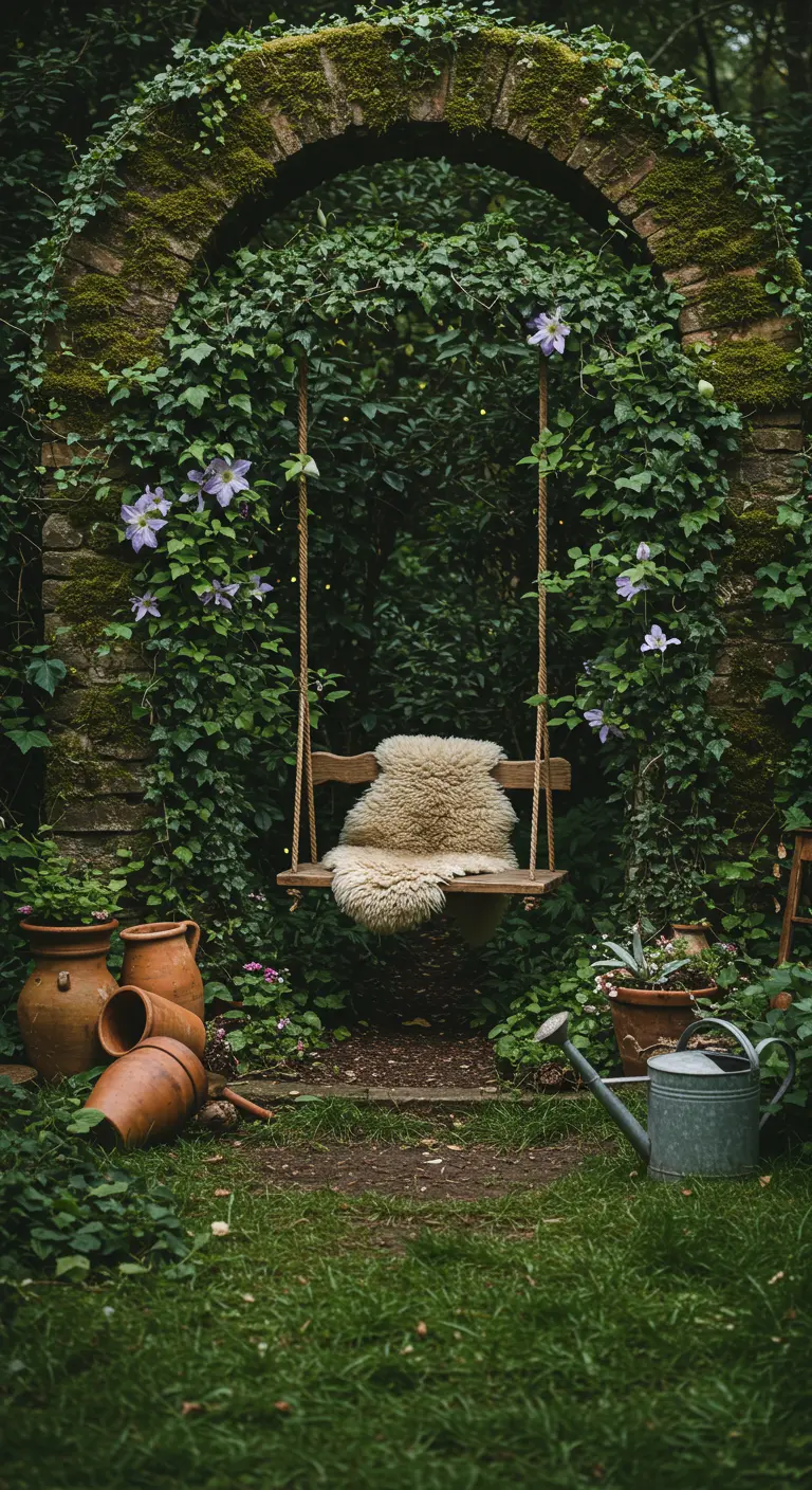Houten schommel met een schapenvachtje hangt in een met klimop begroeide stenen boog.