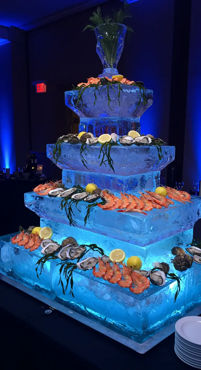 Gelaagde ijssculptuur verlicht met blauw licht, vol met oesters, garnalen en citroen.