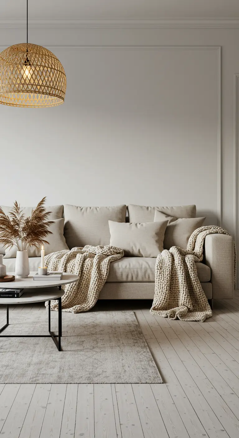 Beige bank bedekt met diverse gebreide plaids en kussens. Een rotan hanglamp verlicht de ruimte.