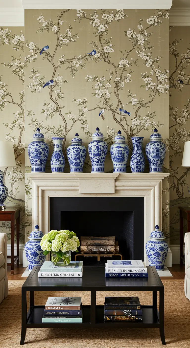 Schouw met een collectie blauw-witte Chinese gemberpotten tegen een muur met bloesembehang.