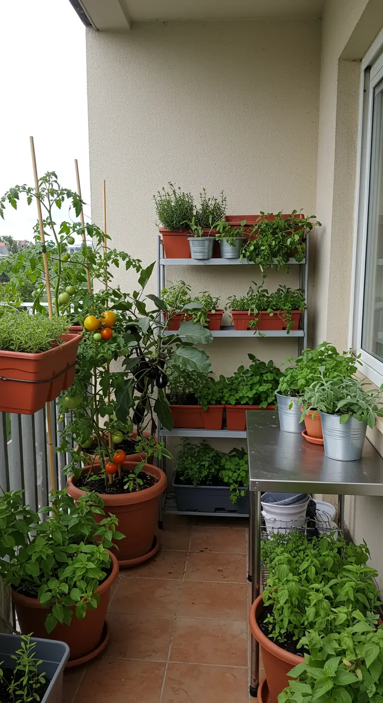 Georganiseerde moestuin op een balkon met tomaten, kruiden in potten en stellingkasten.