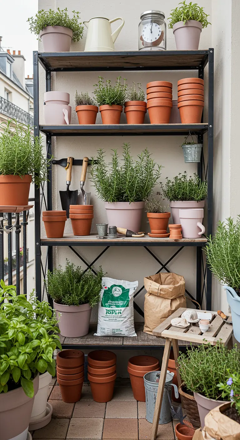 Open stellingkast op balkon, gevuld met terracotta potten, tuingereedschap en kruiden.