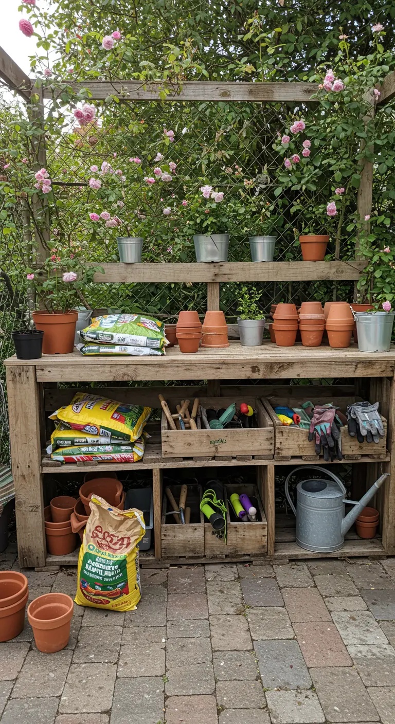 Houten werkbank van pallets, gevuld met tuingereedschap, potten en zakken potgrond.