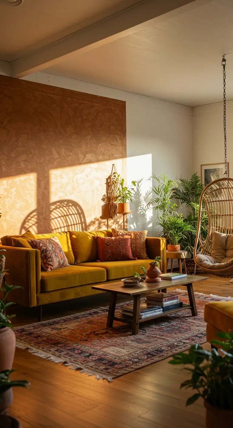 Woonkamer met okergele bank, terracotta accentmuur en een rotan hangstoel in het zonlicht.
