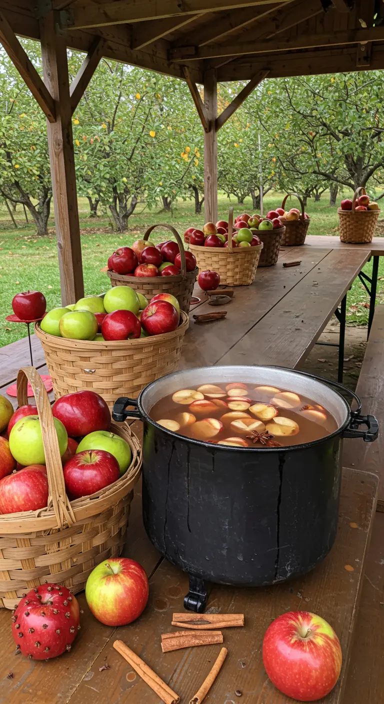 Tafel in een boomgaard met manden vol appels en een grote pan warme appelcider.