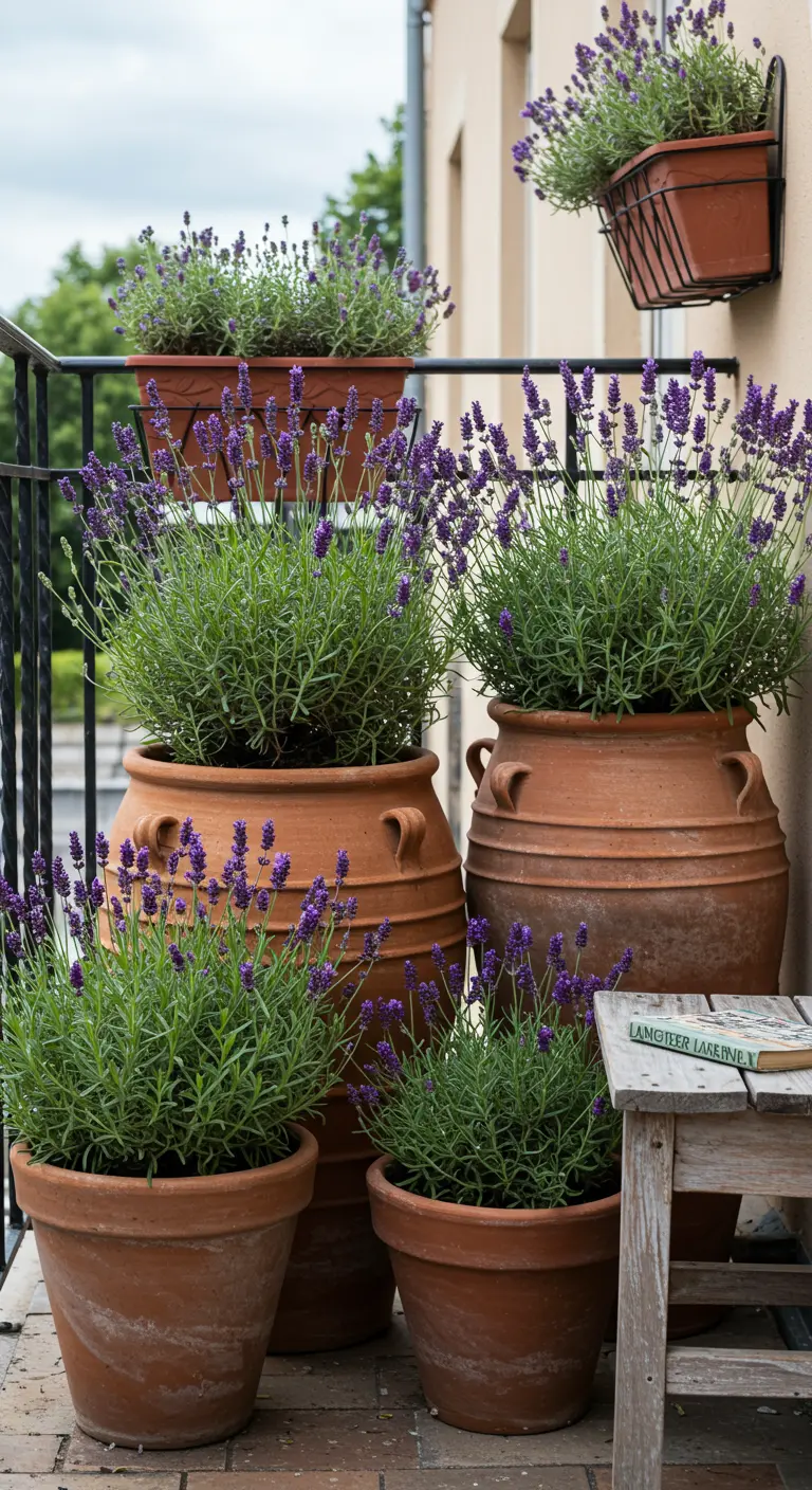 Balkon met grote terracotta potten en bakken vol met bloeiende lavendelplanten.